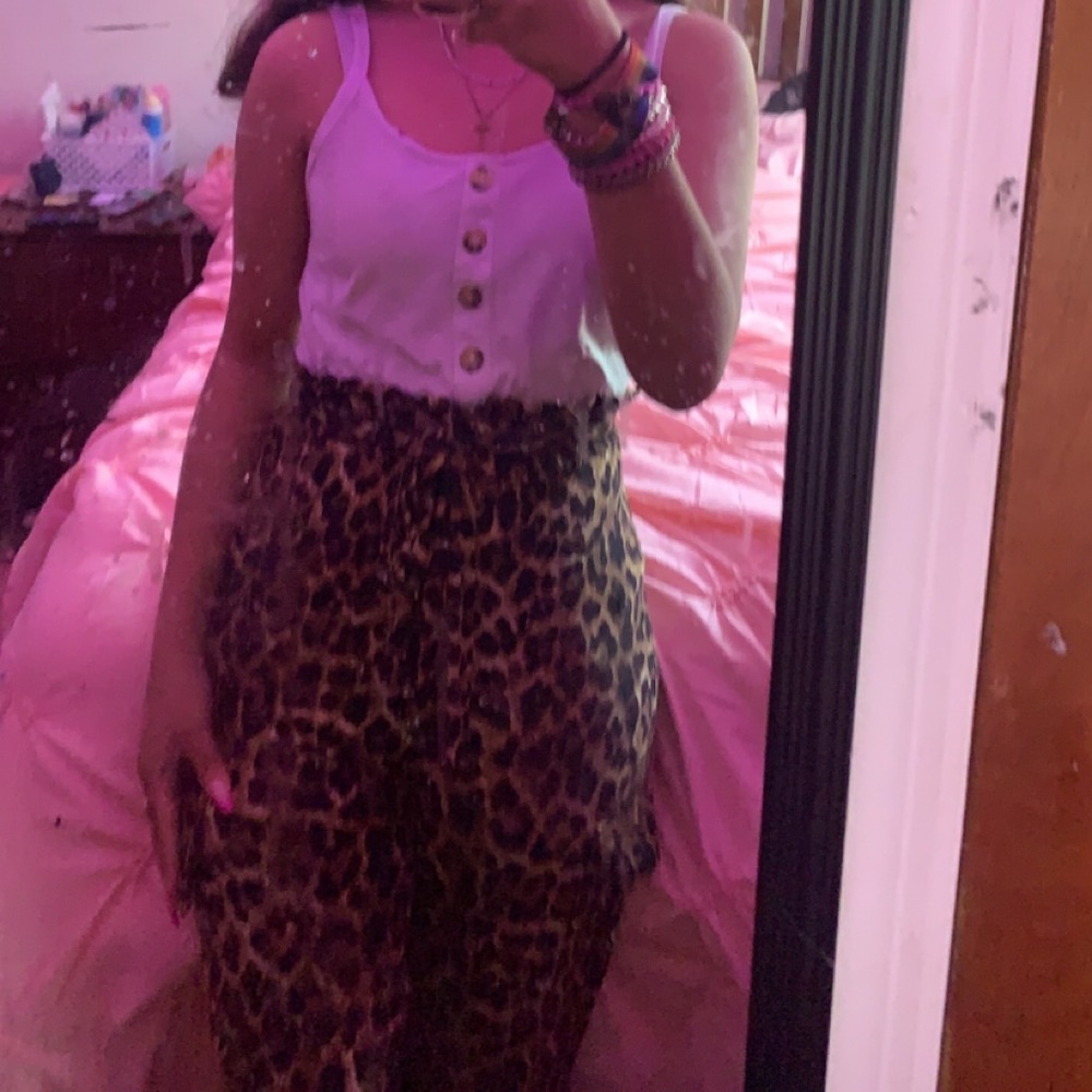 White and leopard jumpsuit.